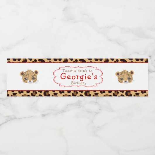 Leopard Print Red Quatrefoil Verjaardagsfeest Waterfles Etiket (Enkel label)