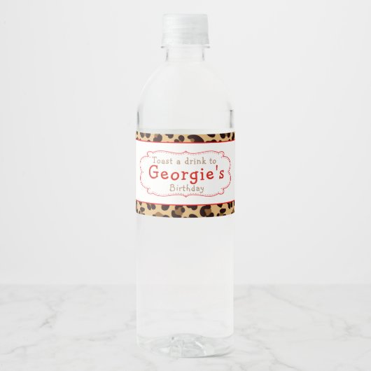 Leopard Print Red Quatrefoil Verjaardagsfeest Waterfles Etiket (Voorkant)