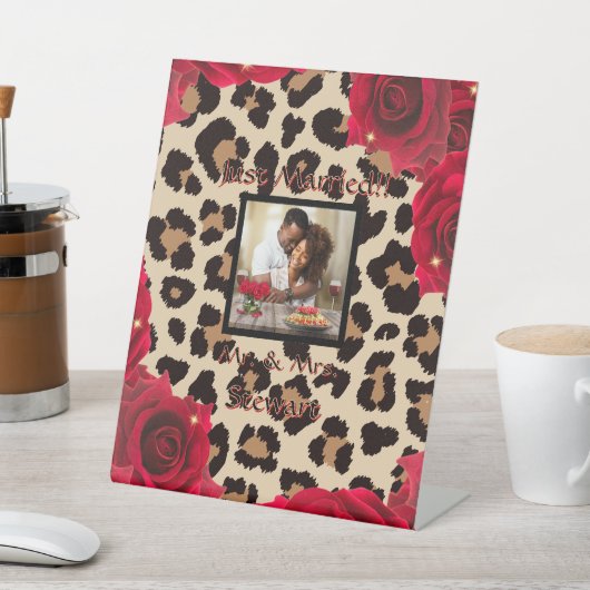 Leopard Print Red Rose Mr. en Mrs. Text Foto Reclamebord Met Voetstuk (Insitu)