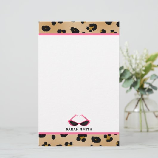 Leopard Print & Retro Roze zonnebrillen Briefpapier (Staand voorkant)