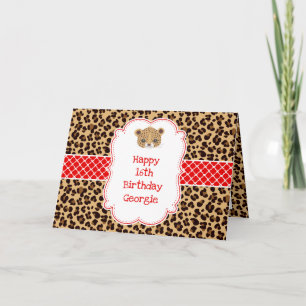 Leopard Print Rode Quatrefoil Verjaardag Kaart