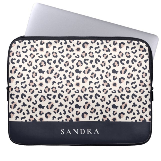 Leopard print roze aangepaste naam laptop sleeve (Voorkant)