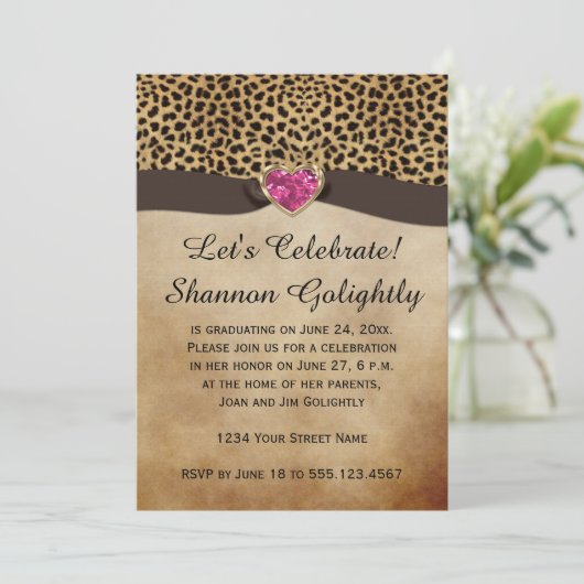 Leopard Print Roze Hart Bling Afstudeerfeest Kaart (Staand voorkant)