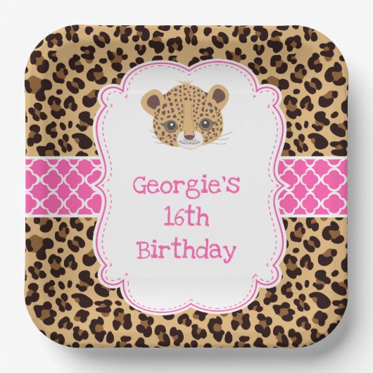 Leopard Print Roze Quatrefoil Verjaardagsfeest Papieren Bordje (Voorkant)