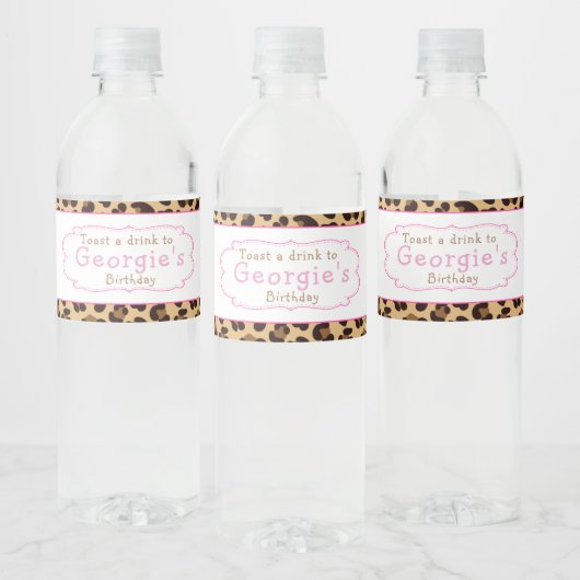 Leopard Print Roze Quatrefoil Verjaardagsfeest Waterfles Etiket (Flessen)