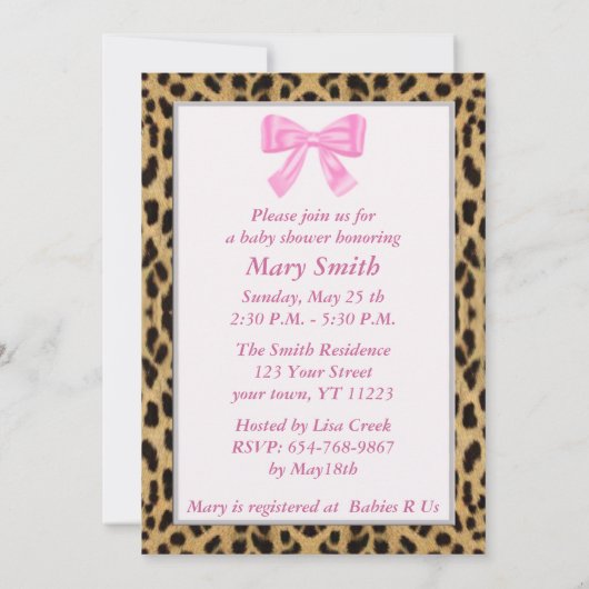 Leopard Print Roze strik Baby shower Uitnodiging (Achterkant)