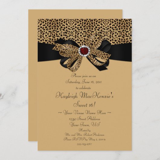 Leopard Print Ruby Diamonds Sweet 16 Uitnodiging (Voorkant / Achterkant)