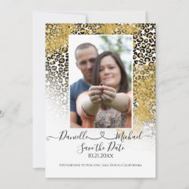 Leopard Print Script Heart Gold Glitter Save The Date