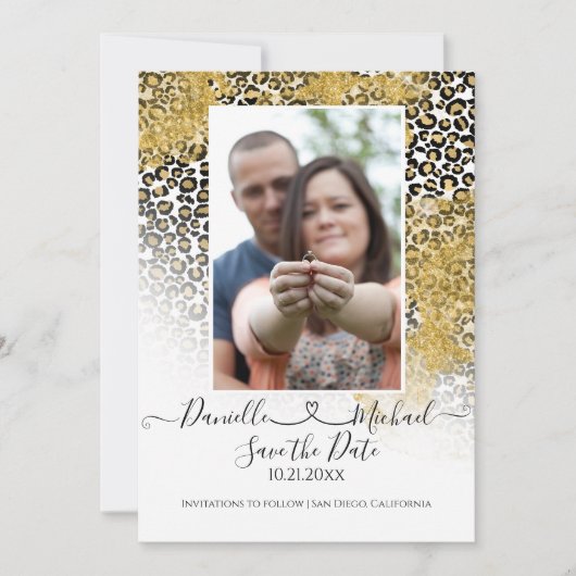Leopard Print Script Heart Gold Glitter Save The Date (Voorkant)