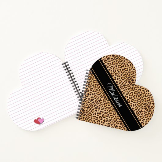 Leopard Print Script Monogram Naam Hartvormig Notitieboek (Binnen)