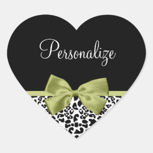 leopard Print Spring Green Bow met naam Hart Sticker