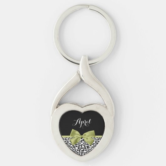  leopard Print Spring Green Bow met naam Sleutelhanger (Voorkant)