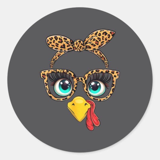 Leopard Print Thanksgiving Funny Turkey Face Gles  Ronde Sticker (Voorkant)