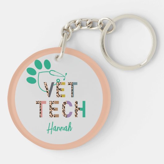 Leopard Print Vet Tech Stethoscope met naam Sleutelhanger (Achterkant)