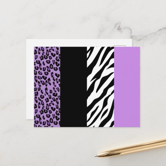 Leopard Print, Zebra Print, Animal Print, Paars Briefkaart (Voorkant / Achterkant in situ)