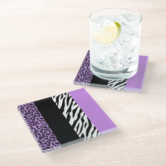 Leopard Print, Zebra Print, Animal Print, Paars Glazen Onderzetter (Schuin)