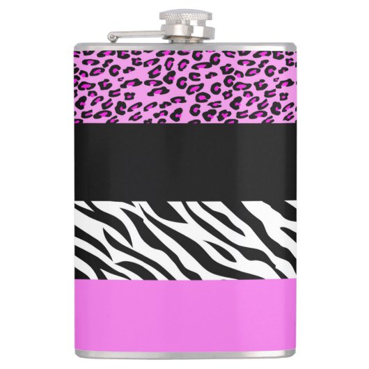 Leopard Print, Zebra Print, Animal Print, Roze Heupfles (Voorkant)