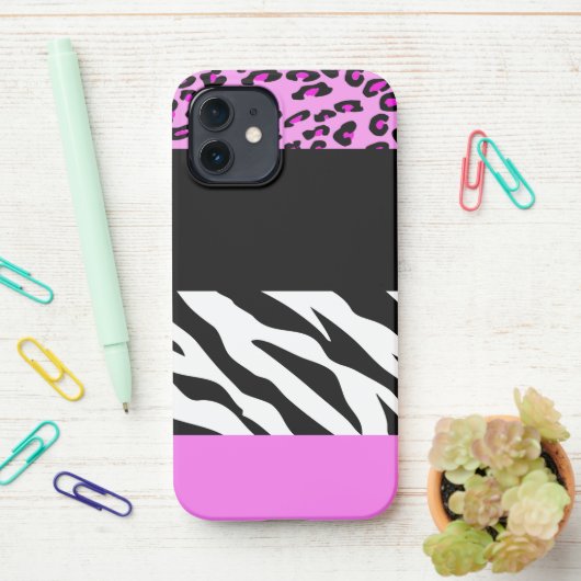 Leopard Print, Zebra Print, Animal Print, Roze iPhone Hoesje (Op bureau)
