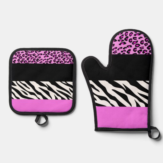 Leopard Print, Zebra Print, Animal Print, Roze Ovenwant & Pannenlap Set (Voorkant)