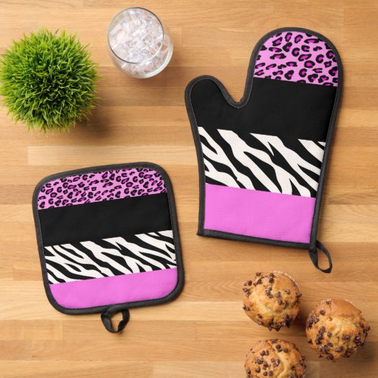 Leopard Print, Zebra Print, Animal Print, Roze Ovenwant & Pannenlap Set (Top down)