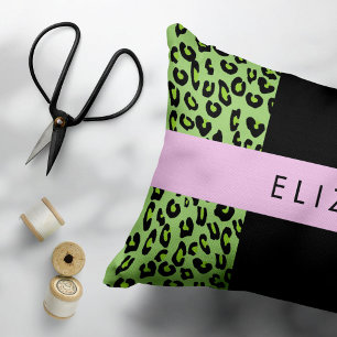 Leopard Print, Zebra Print, Green, Jouw naam Accent Kussen