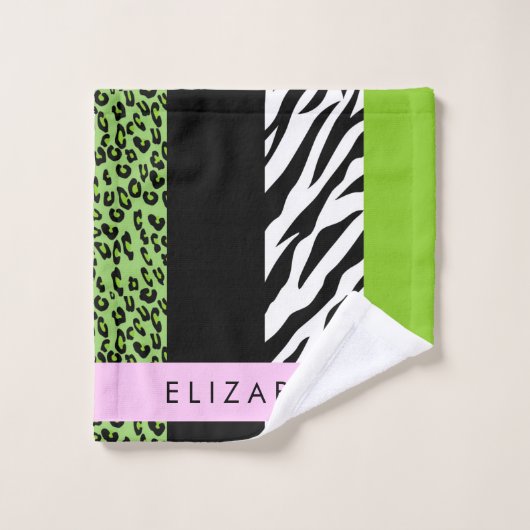 Leopard Print, Zebra Print, Green, Jouw naam Bad Handdoek (Wasdoekje)