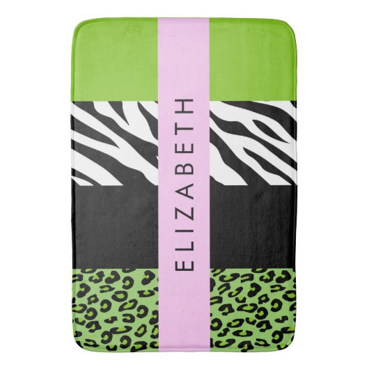 Leopard Print, Zebra Print, Green, Jouw naam Badmat (Voorkant Verticaal)