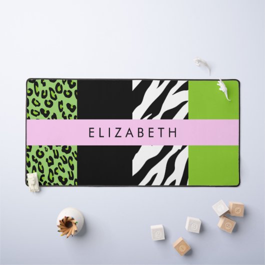 Leopard Print, Zebra Print, Green, Jouw naam Bureaumat (Kindertafel)