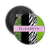 Leopard Print, Zebra Print, Green, Jouw naam Button Flesopener (Voorkant)
