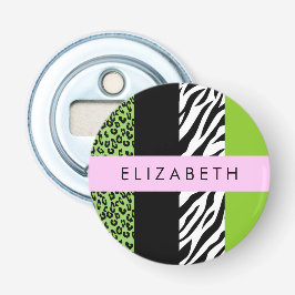 Leopard Print, Zebra Print, Green, Jouw naam Button Flesopener