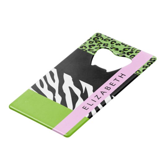 Leopard Print, Zebra Print, Green, Jouw naam Creditkaart Flessenopener (Achterkant Gekanteld)