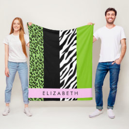 Leopard Print, Zebra Print, Green, Jouw naam Fleece Deken