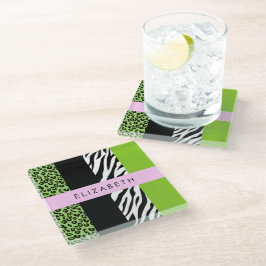 Leopard Print, Zebra Print, Green, Jouw naam Glazen Onderzetter