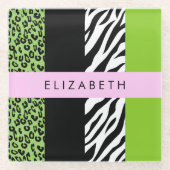 Leopard Print, Zebra Print, Green, Jouw naam Glazen Onderzetter (Voorkant)