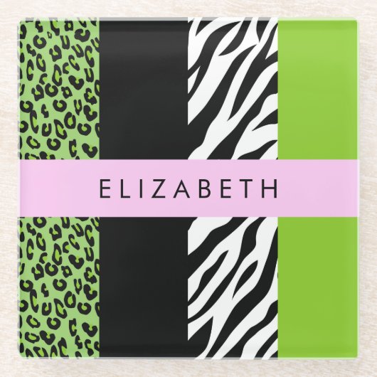 Leopard Print, Zebra Print, Green, Jouw naam Glazen Onderzetter (Voorkant)