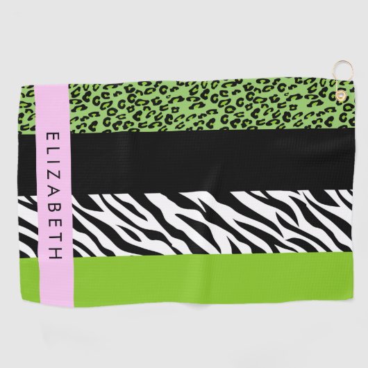 Leopard Print, Zebra Print, Green, Jouw naam Golfhanddoek (Horizontaal)