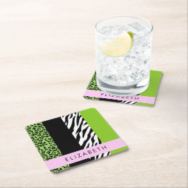 Leopard Print, Zebra Print, Green, Jouw naam Kartonnen Onderzetters