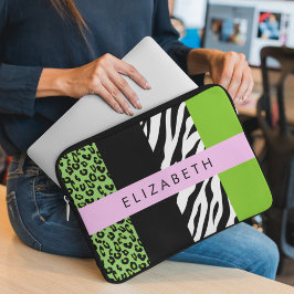 Leopard Print, Zebra Print, Green, Jouw naam Laptop Sleeve