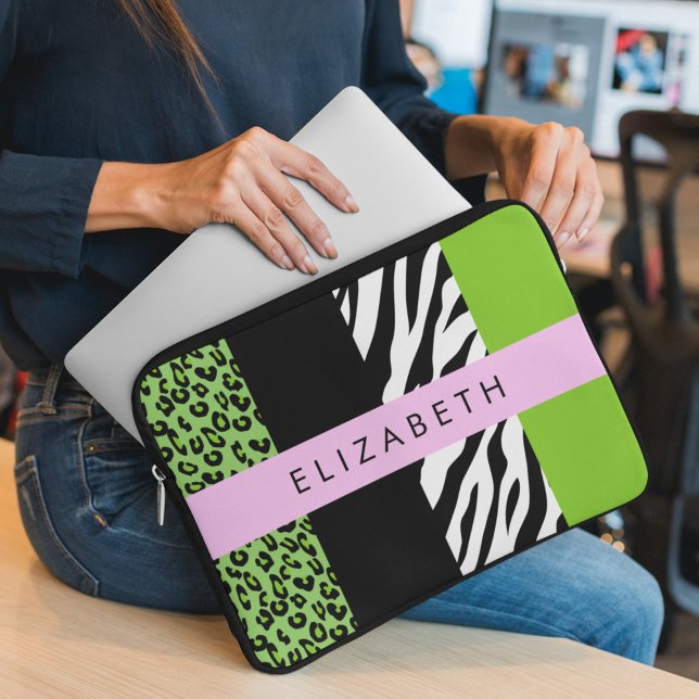 Leopard Print, Zebra Print, Green, Jouw naam Laptop Sleeve (Creator heeft geüpload)