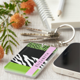 Leopard Print, Zebra Print, Green, Jouw naam Sleutelhanger