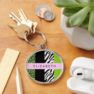 Leopard Print, Zebra Print, Green, Jouw naam Sleutelhanger