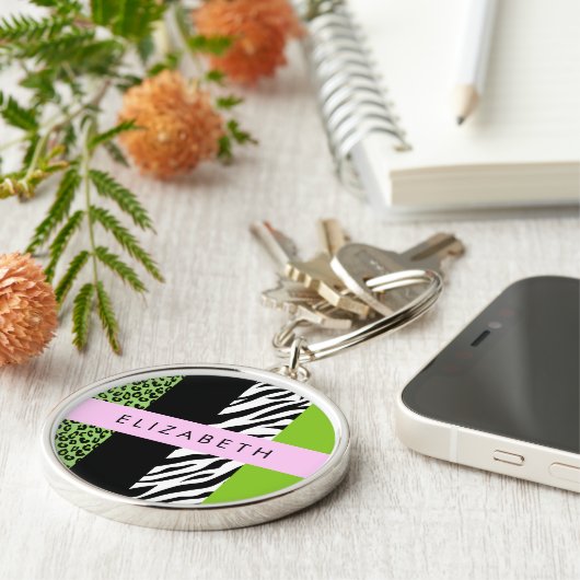 Leopard Print, Zebra Print, Green, Jouw naam Sleutelhanger (Zijkant)