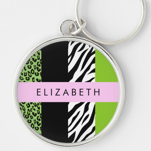 Leopard Print, Zebra Print, Green, Jouw naam Sleutelhanger (Voorkant)