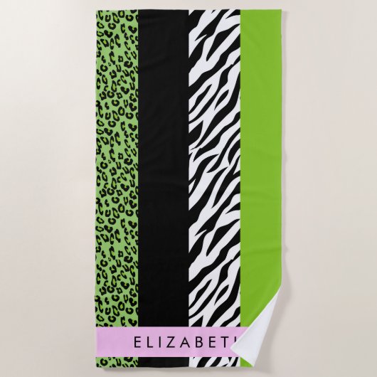 Leopard Print, Zebra Print, Green, Jouw naam Strandlaken (Voorkant)
