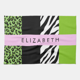 Leopard Print, Zebra Print, Green, Jouw naam Theedoek
