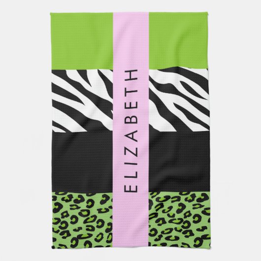 Leopard Print, Zebra Print, Green, Jouw naam Theedoek (Verticaal)
