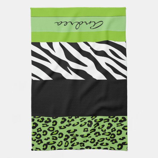 Leopard Print, Zebra Print, Green, Jouw naam Theedoek (Verticaal)