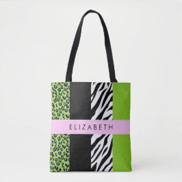 Leopard Print, Zebra Print, Green, Jouw naam Tote Bag
