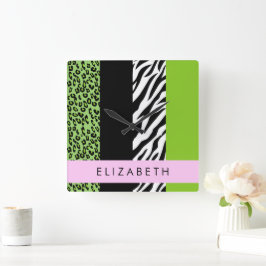 Leopard Print, Zebra Print, Green, Jouw naam Vierkante Klok