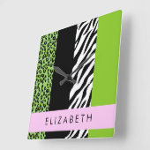 Leopard Print, Zebra Print, Green, Jouw naam Vierkante Klok (Hoek)